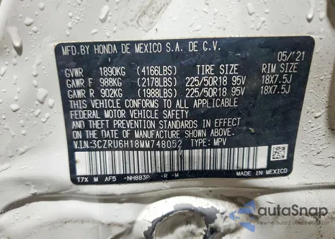 2021 Honda Hr-V Sport из США, поврежденный, VIN 3CZRU6H18MM748052